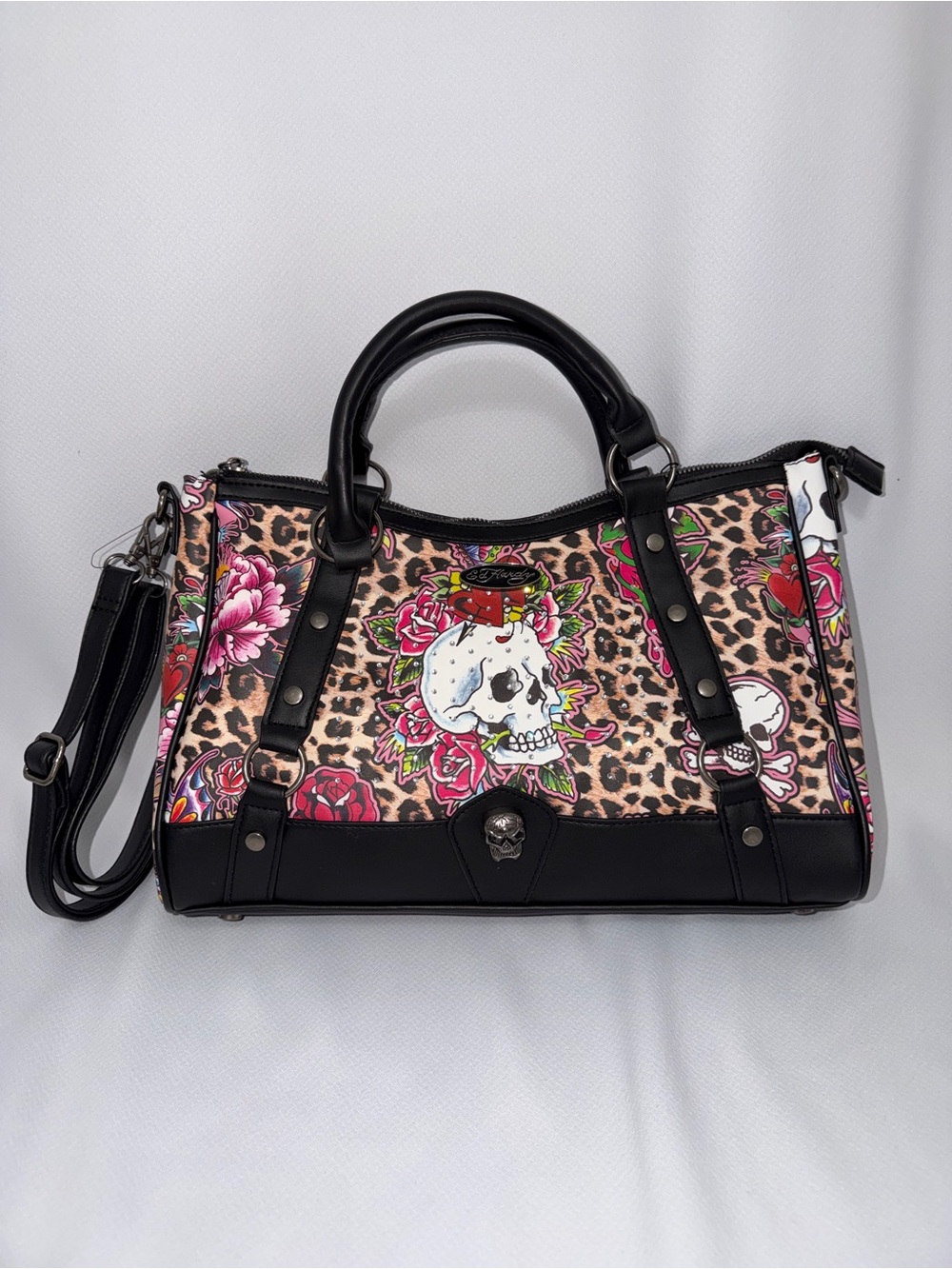 Ed Hardy Black Satchel with Pink Floral Skull and Leopard Print